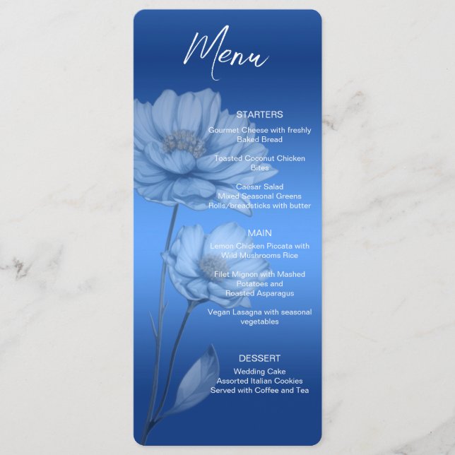 Blue Watercolor Flowers Wedding Menu Menükarte (Vorderseite)