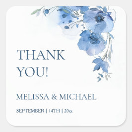 Blue Watercolor Flowers Wedding Thank You Quadratischer Aufkleber