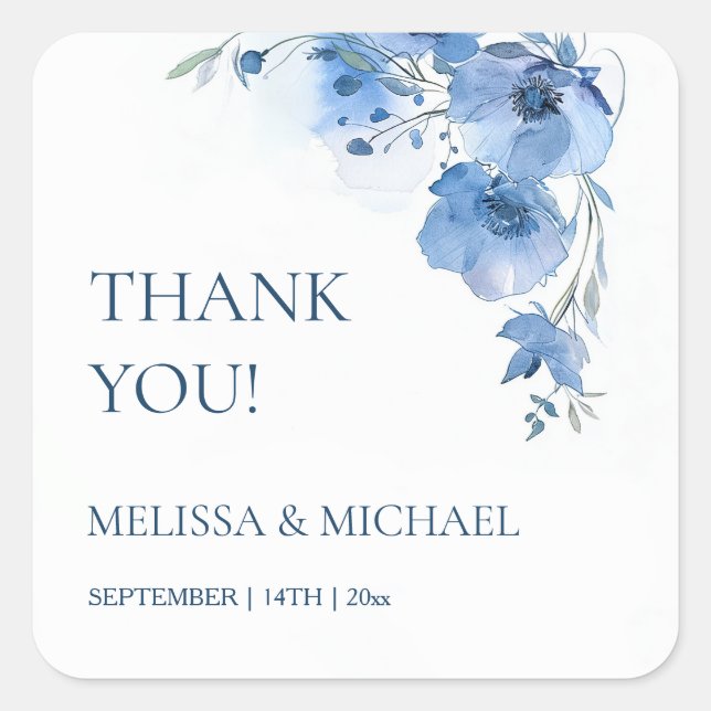 Blue Watercolor Flowers Wedding Thank You Quadratischer Aufkleber (Vorderseite)