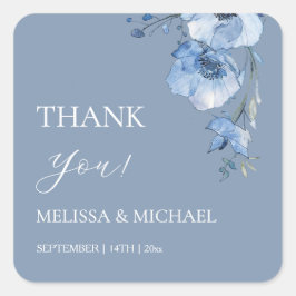 Blue Watercolor Flowers Wedding Thank You Square S Quadratischer Aufkleber