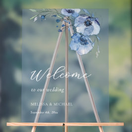 Blue Watercolor Flowers Wedding  Welcome Acrylschild