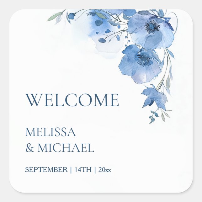 Blue Watercolor Flowers Wedding Welcome Quadratischer Aufkleber (Vorderseite)