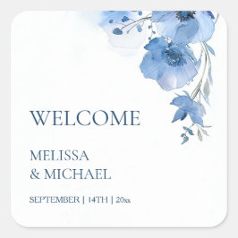Blue Watercolor Flowers Wedding Welcome Quadratischer Aufkleber