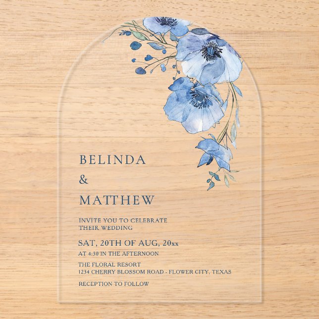 Blue Watercolor Flowers White Acryleinladungen (Vorderseite)