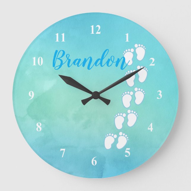 Blue Watercolor Footprint Little Baby Feet Name Große Wanduhr (Vorderseite)