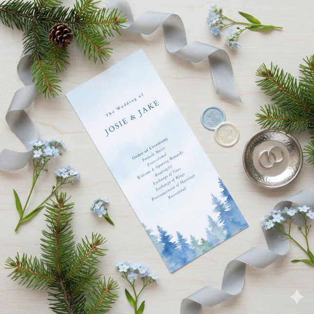 Blue Watercolor Forest Programm (Blue pine trees wedding program for a winter wedding.)