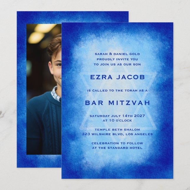 Blue Watercolor Frame Custom PHOTO Bar Bat Mitzvah Einladung (Vorne/Hinten)