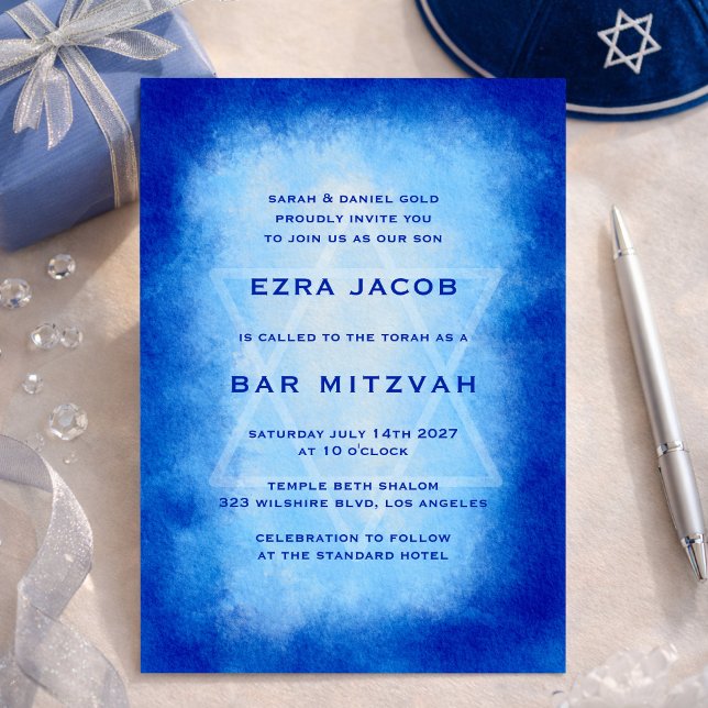 Blue Watercolor Frame Star Custom Bar Bat Mitzvah Einladung (Blue Watercolor Frame Star Custom Bar Bat Mitzvah Invitation
)