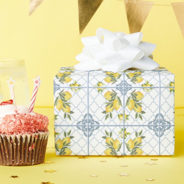 Blue Watercolor French Country Lemon Geschenkpapier (Geburtstagsparty)