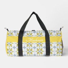 Blue Watercolor French Country Lemon Name Monogram Duffle Bag