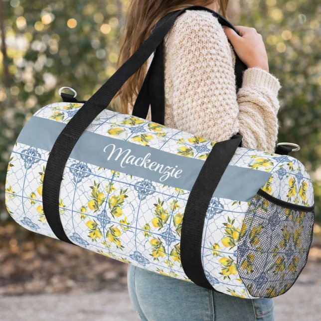 Blue Watercolor French Country Lemon Name Monogram Duffle Bag (Von Creator hochgeladen)