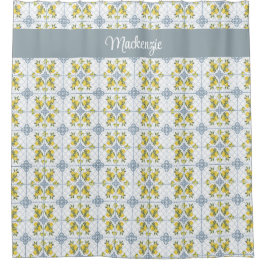 Blue Watercolor French Country Lemon Name Monogram Duschvorhang