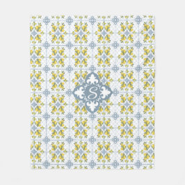 Blue Watercolor French Country Lemon Name Monogram Fleecedecke