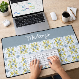 Blue Watercolor French Country Lemon Name Monogram Schreibtischunterlage