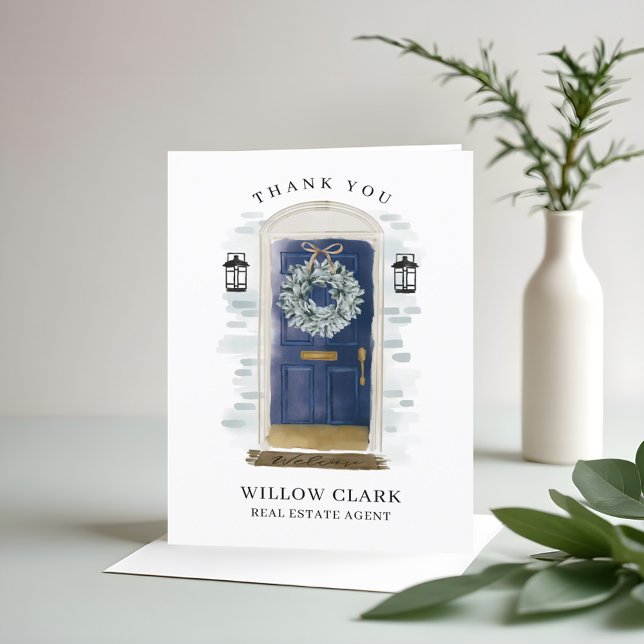 Blue Watercolor Front Door & Wreath Vielen Dank Dankeskarte (Navy Blue Watercolor Front Door & Wreath Thank You)