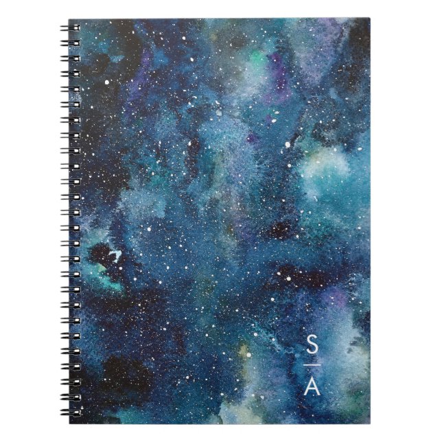 Blue Watercolor Galaxy Space Stars Initialen Notizblock (Vorderseite)
