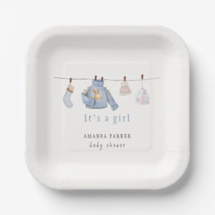 Blue Watercolor Girl Winter Clothes Kinderdusche Pappteller