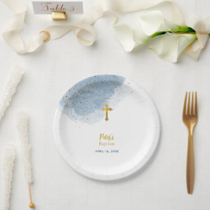 Blue Watercolor Glitzer Gold Cross Taufe Boy Pappteller