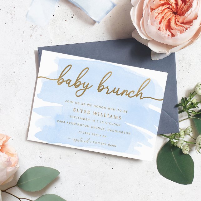 Blue Watercolor Gold Baby Brunch Einladung (Boy Baby Shower Invitation Blue Watercolour Gold. Baby Brunch Invitation)