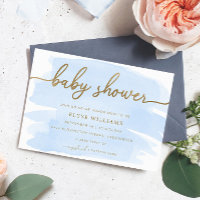Blue Watercolor Gold Baby Dusche Einladung