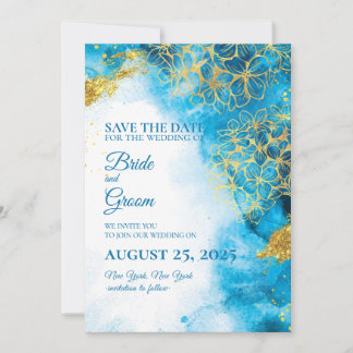 Blue Watercolor & Gold Blume Save the Date Card Einladung