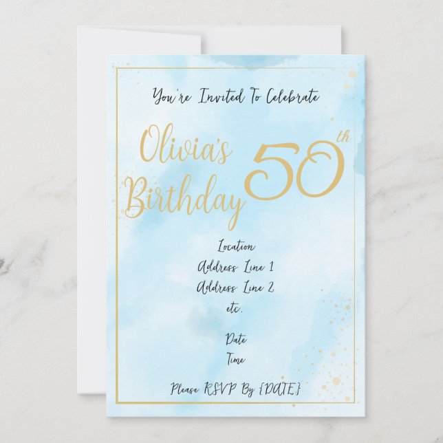 Blue Watercolor & Gold Border Birthday Einladung (Vorderseite)