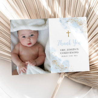 Blue Watercolor Gold Boy Christening Taufe Foto Dankeskarte