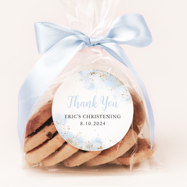 Blue Watercolor Gold Boy Christening Taufe Runder Aufkleber (Baptism Favor Stickers | Matching items available)