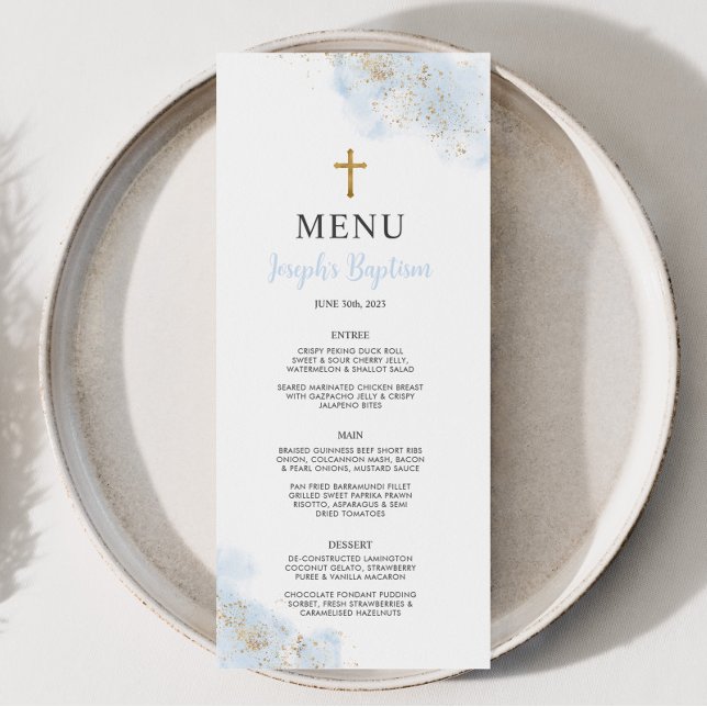 Blue Watercolor Gold Boys Christening Taufmenü Menükarte (Baptism Menu | Matching invitation and other matching items available. )