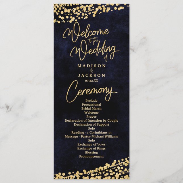 Blue Watercolor Gold Confetti Wedding Program Programm (Vorderseite)