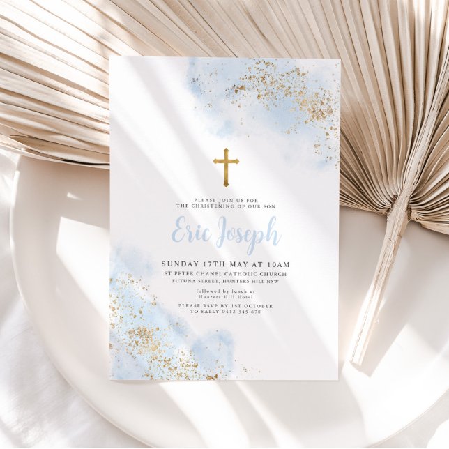 Blue Watercolor Gold Cross Boy Christening Taufe Einladung (Von Creator hochgeladen)