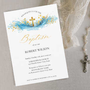 Blue Watercolor Gold Cross Boy Christening Taufe Einladung