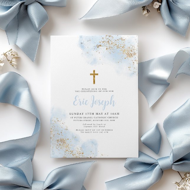 Blue Watercolor Gold Cross Boy Christening Taufe Einladung (Blue Watercolour and gold Boy's Baptism Invitation with Gold Cross. )
