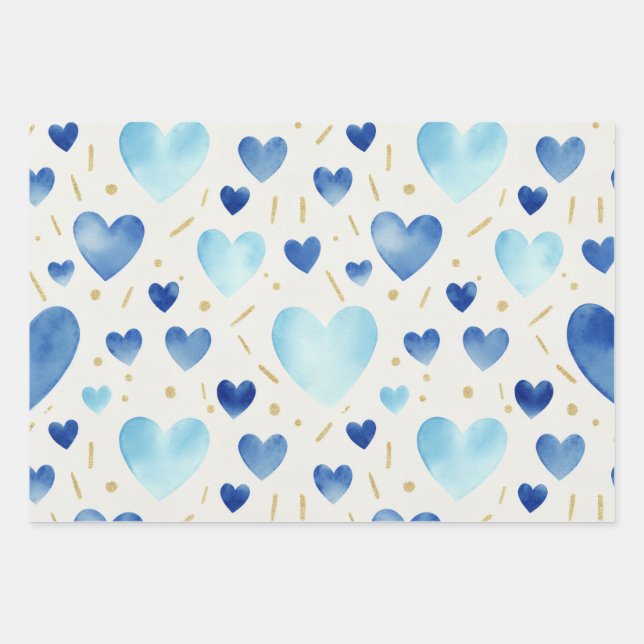Blue Watercolor & Gold Glitter Hearts Geschenkpapier Set (Vorderseite)