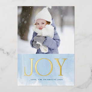 Blue Watercolor GOLD JOY Christmas Foto Folien Feiertagskarte