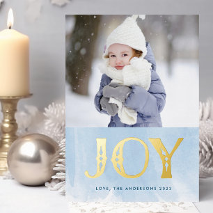 Blue Watercolor GOLD JOY Christmas Foto Folien Feiertagskarte