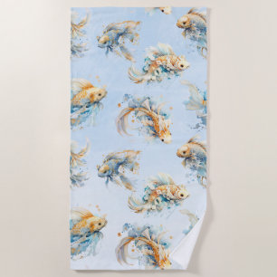 Blue Watercolor Gold Koi Fisch Flora Strandtuch