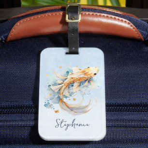 Blue Watercolor Gold Koi Fisch Personalisiert Gepäckanhänger