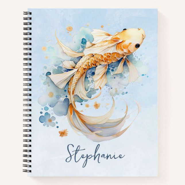 Blue Watercolor Gold Koi Fisch Personalisiert Notizbuch (Vorderseite)