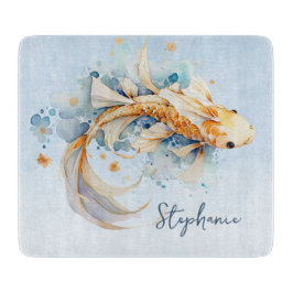 Blue Watercolor Gold Koi Fisch Personalisiert Schneidebrett