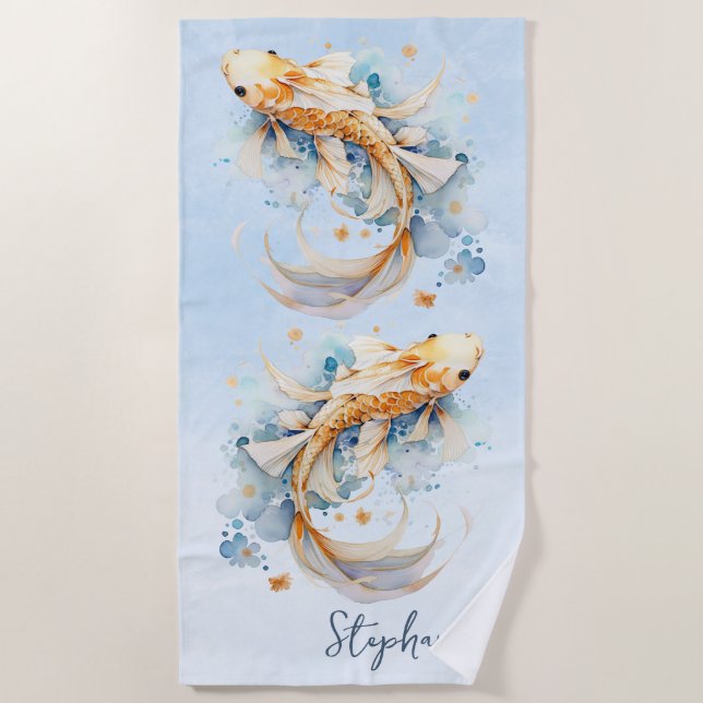 Blue Watercolor Gold Koi Fisch Personalisiert Strandtuch (Vorderseite)