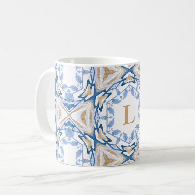 Blue Watercolor & Gold Monogram Tasse (Vorderseite Links)