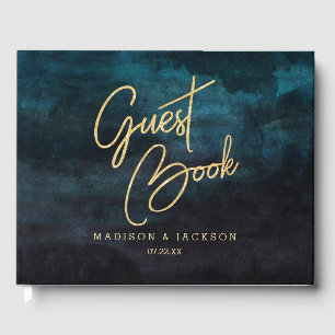 Blue Watercolor & Gold Wedding Monogram Gästebuch