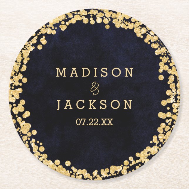 Blue Watercolor & Gold Wedding Monogram Runder Pappuntersetzer (Vorderseite)