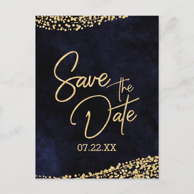 Blue Watercolor & Gold Wedding speichern das Datum Ankündigungspostkarte (Vorderseite)