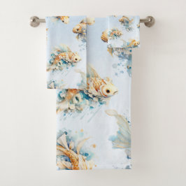 Blue Watercolor Gold White Koi Fisch Floral Badhandtuch Set