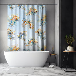 Blue Watercolor Gold White Koi Fisch Floral Duschvorhang