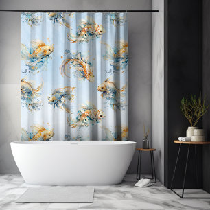 Blue Watercolor Gold White Koi Fisch Floral Duschvorhang