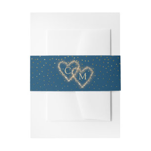 Blue Watercolor Golden Hearts Monogram Wedding Einladungsbanderole