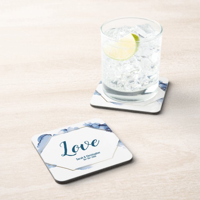 Blue Watercolor Goldrahmen Hochzeit Getränkeuntersetzer (Rechte Seite)